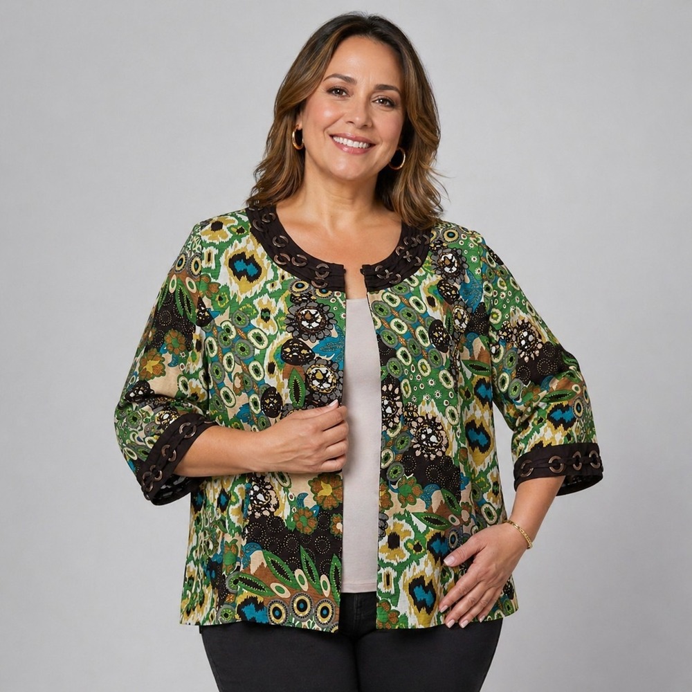 TRENZ by Theresa Renz Size 2X Floral Art to Wear Jacket Dupioni Silk Blazer